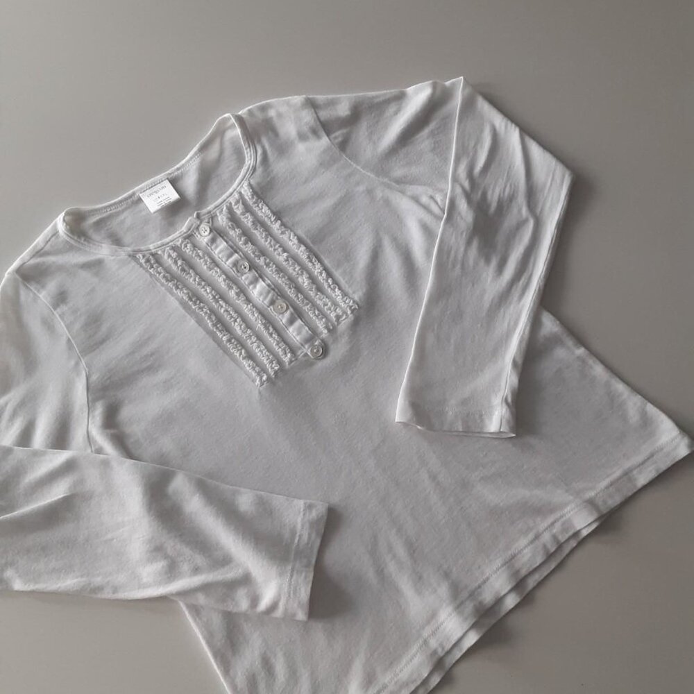 J Crew - Crewcuts for kids white cotton ruffle front long sleeve t- shirt sz 10